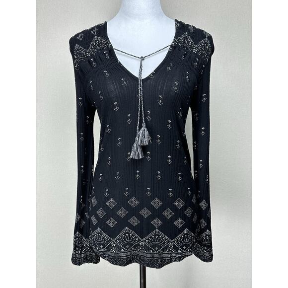 Lucky Brand Top Womens S Black Geometric Tie V-Neck Viscose Boho Peasant Blouse - Picture 1 of 16